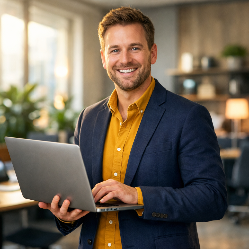 A cheerful 38yearold white man dressed in a stylish mustard yellow shirt paired with a navy blue blazer stands confidently in a modern office environm-4