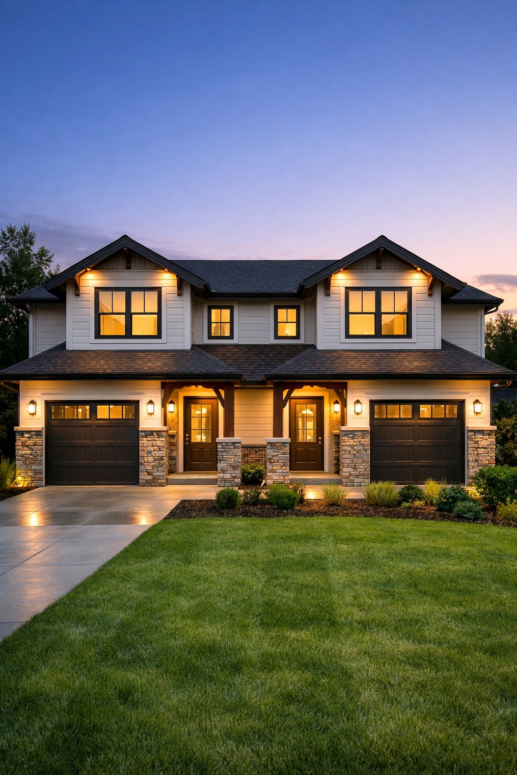 Clean highend rental property exterior day or duskDuplex  SFRWellkept lawnWarm lighting-1