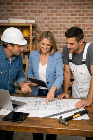 The image depicts a construction or architectural workshop setting with three individuals one person is wearing a white hard hat another is in a light
